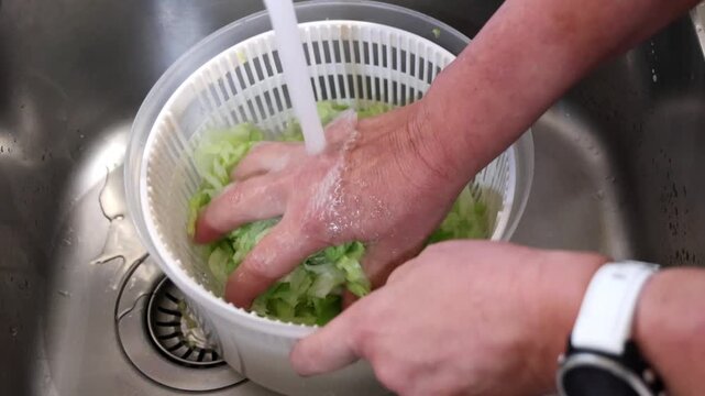 Freshly washed lettuce being dried in a salad spinner in a home kitchen, showing everyday food preparation and healthy meal preparation.