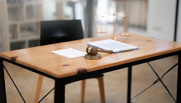 A judge's gavel and scales of justice sit on a wooden table in a lawyer's office.