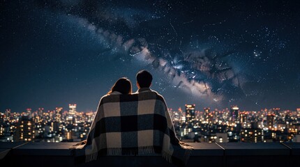 Fototapeta premium Romantic couple sits under starry Milky Way galaxy sky at night. Man, woman wrapped in plaid blanket watch bright city skyline from rooftop. Silhouetted lovers enjoy peaceful evening view with urban