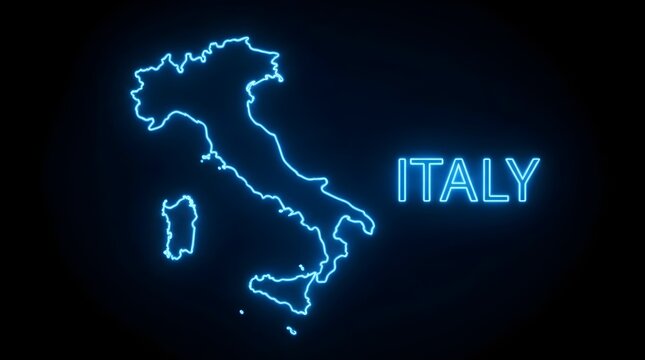 Glowing blue neon outline map of Italy featuring bright luminous typography against a dark black background creating modern futuristic digital design graphics illustration