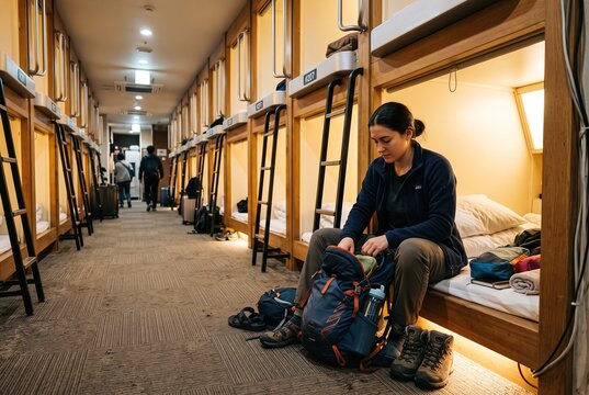 A traveler sits on a bunk bed in a hostel, packing a bag while others move around in the background. The light is warm and the atmosphere is casual and lively