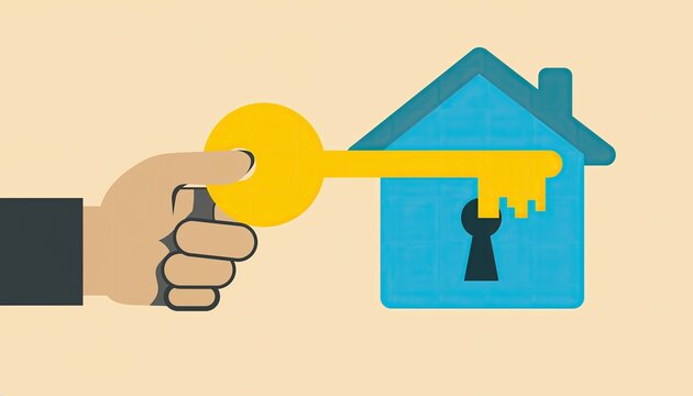 A hand holds a golden key to unlock a blue house.