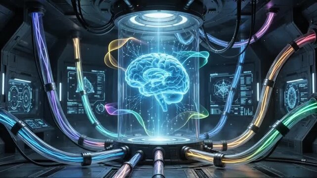 Futuristic Holographic Brain in Advanced AI Laboratory