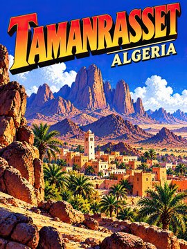 Tamanrasset oasis beneath the rugged Hoggar Peaks, illustrated as a colorful Algerian travel poster with palm trees and desert architecture.
