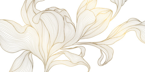 Naklejka premium Luxury gold floral pattern with elegant golden line leaves, flowers, Art Deco ornament. Nouveau fancy wallpaper, abstract background, graphic design, botanical print, japanese design.