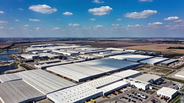 Aerial Drone Shot of Large Industrial Warehouse Complex with White Roofs and Surrounding Fields under Clear Blue Sky