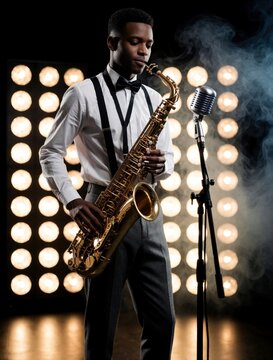 Young black man plays golden saxophone on pro stage. Talented jazz musician wears white shirt, bow tie, suspenders. Smoke swirls near vintage microphone under bright spotlights. Energetic soulful