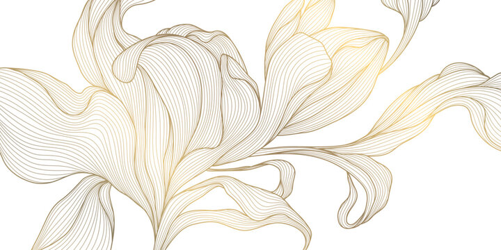 Luxury gold floral pattern with elegant golden line leaves, flowers, Art Deco ornament. Nouveau fancy wallpaper, abstract background, graphic design, botanical print, japanese design.