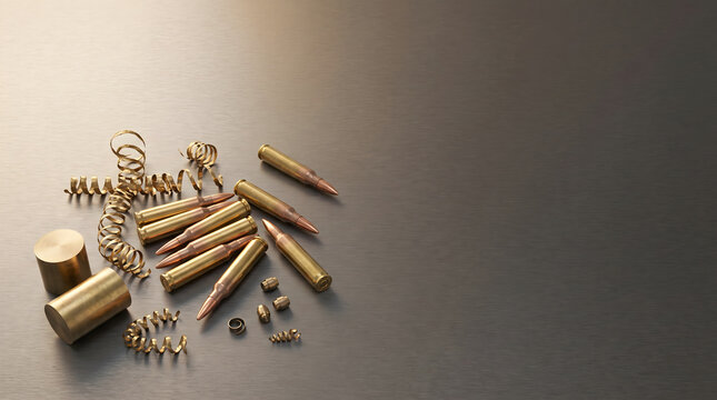 Professional studio shot showcasing 5.56 ammo rounds alongside brass metal shavings and raw manufacturing material