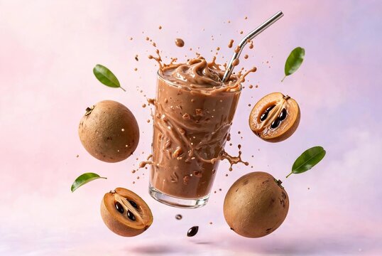 Thai sapodilla smoothie nam lamut with sapodilla fruit floating, 5K