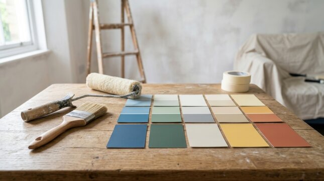 Paint Color Swatches and Tools Arranged on a Wooden Table for Home Renovation
