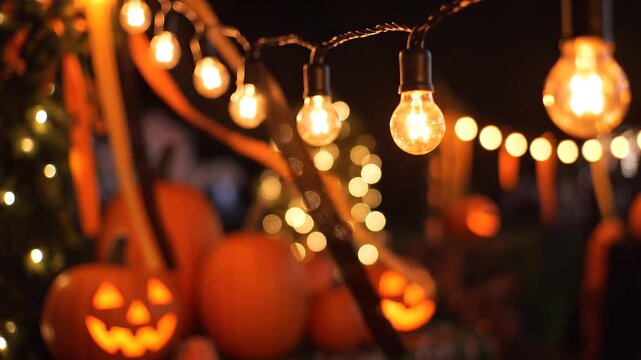 Spooky Halloween decorations glow with warm, inviting light. A carved pumpkin lantern with a jack-o'-lantern face sits amidst festive string lights and autumnal decor.