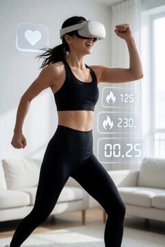 Young fit woman wears VR headset for virtual boxing workout at home. Active female athlete punches air using digital fitness app with health data overlays. Girl trains with immersive tech simulator