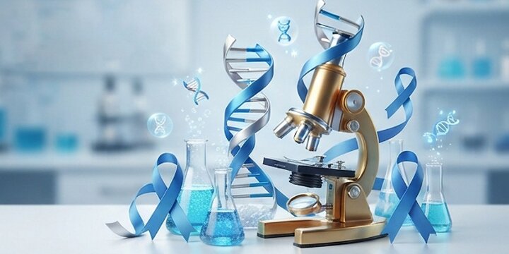 3D vector illustration for diabetes research and awareness, featuring a microscope, DNA strand, blue awareness ribbons, with medical testing concepts.