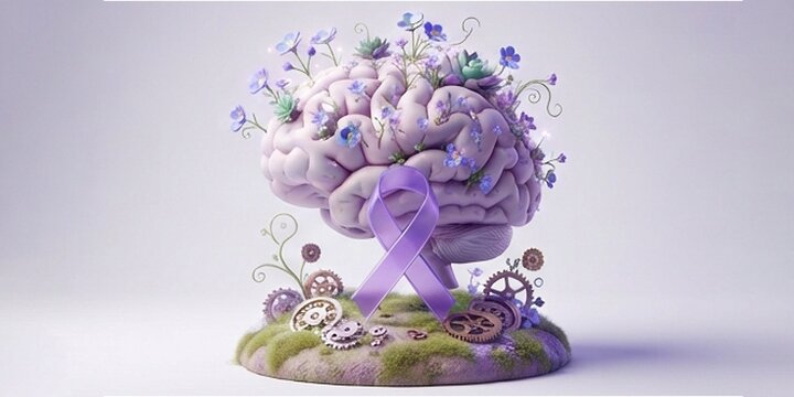 3D vector illustration for brain health, brain cancer, and Alzheimer's awareness, depicting a human brain blooming with delicate purple flowers, a central lavender ribbon, and gears on a grassy base.