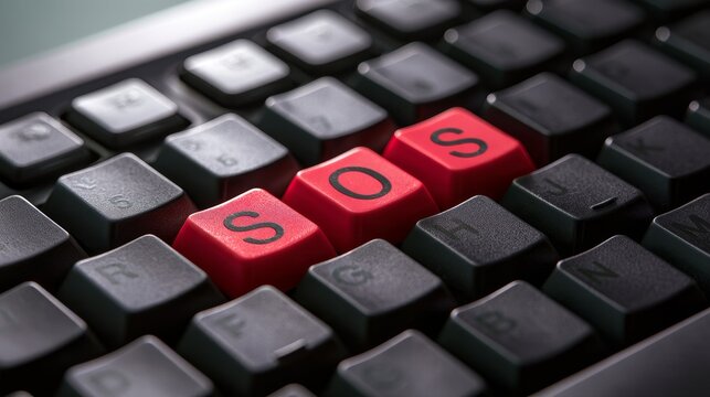 Close-up of a black computer keyboard with red keycaps forming SOS, symbolizing emergency alerts, online calls for help, cybersecurity threats, technical support, and critical system warnings