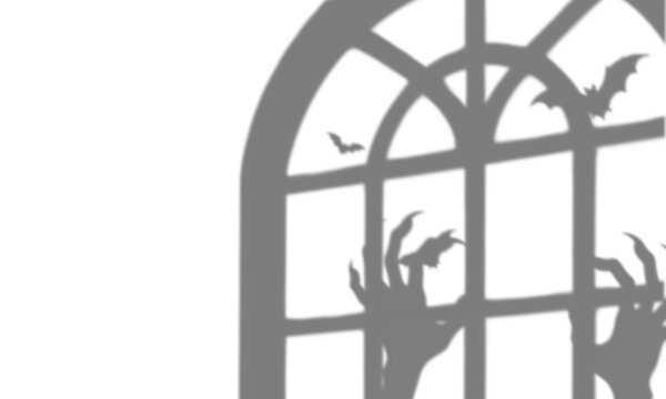 Spooky halloween window silhouette with scary hands and bats isolated on transparent background Shadow