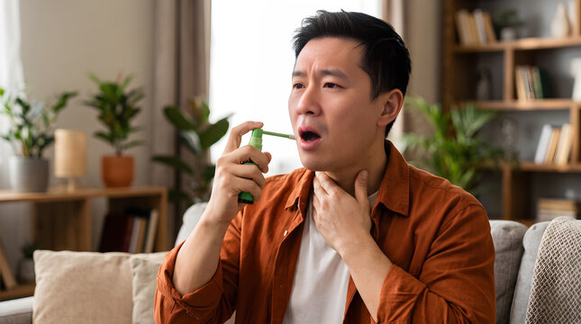 A young asian man sitting on a sofa at home using a throat spray to soothe his sore throat