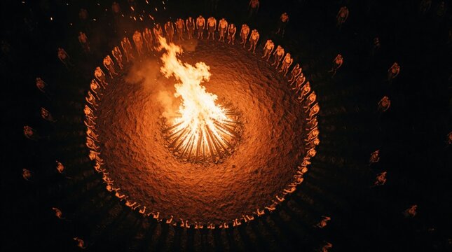 Aerial view of large bonfire burning bright at night. Circle of people gather around massive fire pit in dark field. Group celebrates ritual festival around orange flames, glowing embers, hot smoke