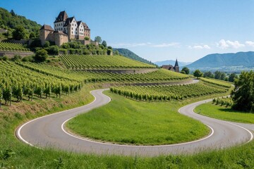 Naklejka premium Ancient castle sits on green hill above vineyards. Winding asphalt road curves through grape fields in scenic countryside. European landscape features historic estate architecture under bright blue
