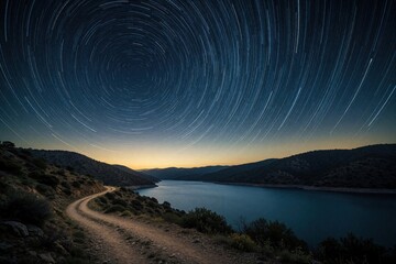 Fototapeta premium Star trails rotate over dark reservoir lake at night. Long exposure shows cosmic light paths across sky above mountains, winding dirt road. Beautiful landscape view of nature under starry heavens