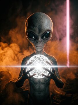 Extraterrestrial Grey Alien Holding a Glowing Geometric Energy Sphere in a Mysterious Smoky Environment with Sci-Fi Lighting