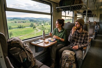 Fototapeta premium Two travelers sit at a table on a train, watching the green landscapes pass by. They eat snacks and drink from a bottle, enjoying their budget travel experience