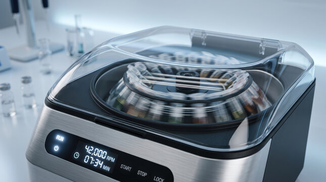 Centrifuge machine spinning vaccine vials rapidly for research in laboratory setting with digital display showing speed and time