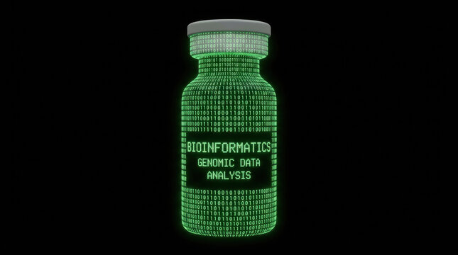 Vaccine research concept with digital bioinformatics data analysis displayed on futuristic vial glowing in green light on black background