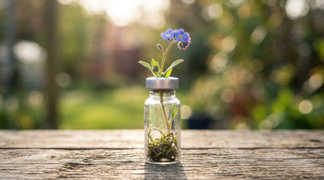Small glass vial with delicate blue flower growing inside symbolizes vaccine research and nature role in scientific discovery