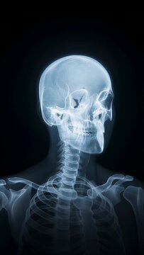 Human Skeleton and Skull X-Ray Showing Detailed Bone Anatomy, Spine and Head Structure for Medical Imaging, Radiology, Healthcare and Anatomical Study