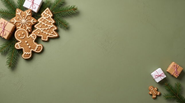 Iced gingerbread man, snowflake and Christmas tree cookies with fir branches and twine-wrapped mini gift boxes on an olive green textured background with copy space, flat lay