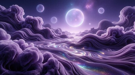 Fototapeta premium Surreal purple landscape with wavy clouds, glowing planets in deep space. Abstract fantasy dream scene features cosmic mountains, mystical glowing light. Vibrant violet texture creates ethereal