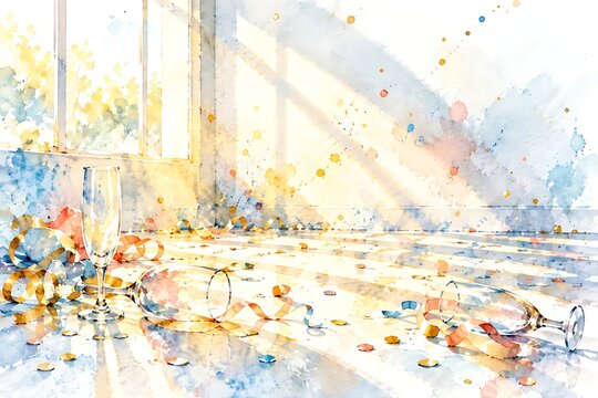 Empty glasses and confetti at dawn, watercolor illustration