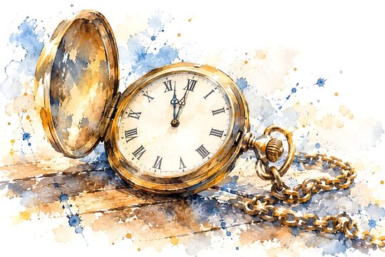 Open pocket watch, watercolor illustration