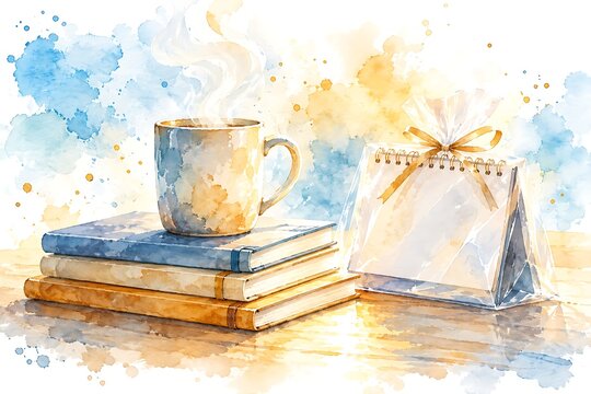 Mug on a stack of new notebooks, watercolor illustration
