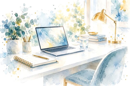 Laptop and planner on a clean desk, watercolor illustration