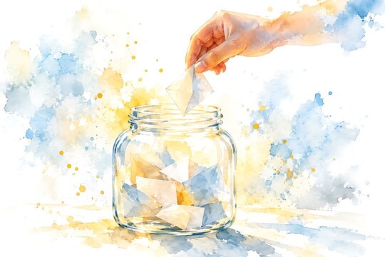Dropping a wish into a jar, watercolor illustration