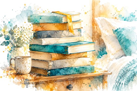 Stack of books waiting to be read, watercolor illustration