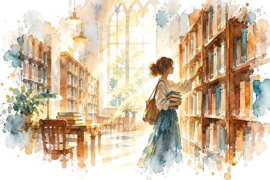 Browsing in a library, watercolor illustration