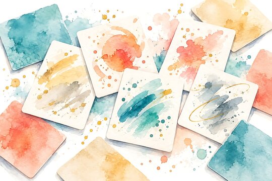 Handmade flashcards on a table, watercolor illustration