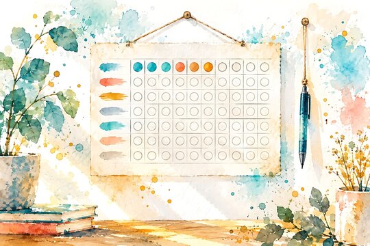 Habit tracker on the wall, watercolor illustration