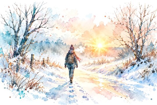 Walking a frosty path at sunrise, watercolor illustration