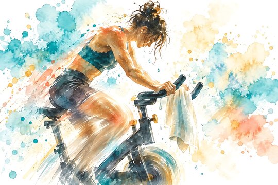 Working out on a stationary bike, watercolor illustration