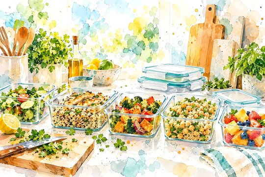 Meal prep containers on a counter, watercolor illustration