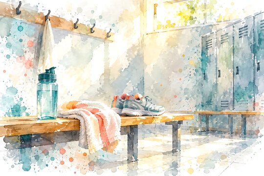 Water bottle and towel on a bench, watercolor illustration