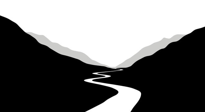 Vector illustration of winding river between mountains landscape