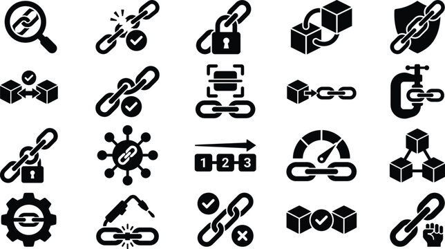 Blockchain Verification and Secure Chain Solid Icons Set for Digital Trust, Data Integrity and Distributed Networks