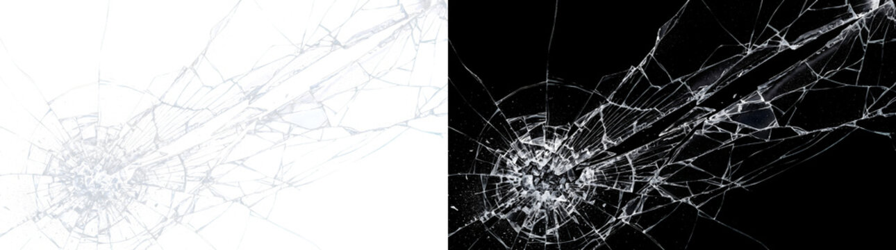 Broken glass diagonal fracture with impact point and sharp cracks for overlays in PNG, Transparent and Black Background Versions