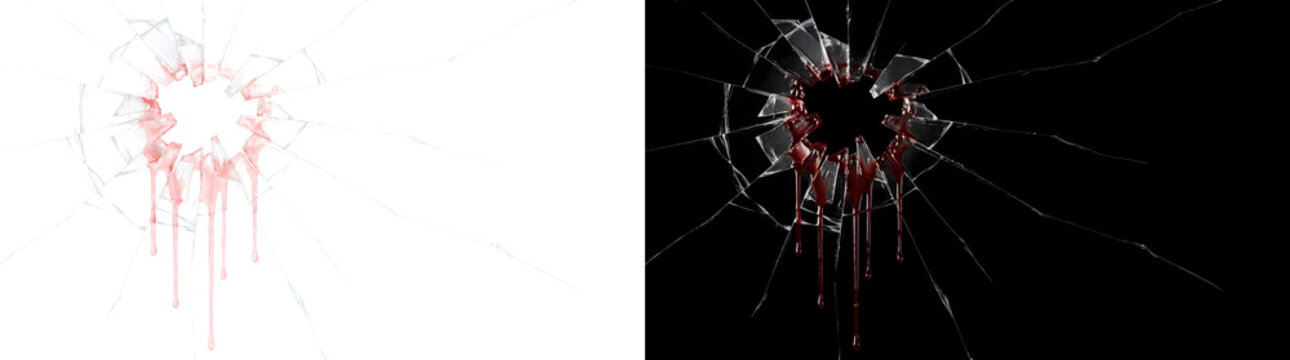 Broken glass hole with dripping blood and cracks for horror and Halloween art in PNG, Transparent and Black Background Versions